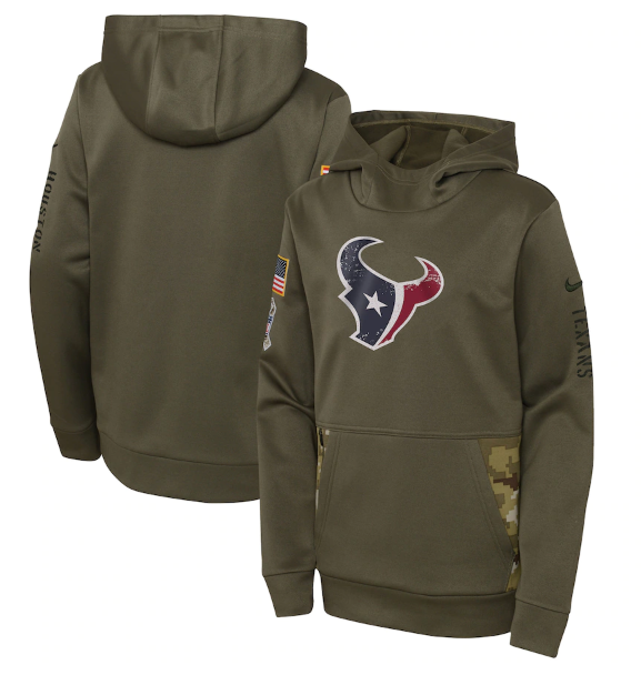 Youth Houston Texans 2022 Olive Salute to Service Therma Performance Pullover Hoodie